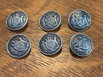 6 Old Silver Buttons W/man & Animal Different Sides Of Shield - Ornate Design. Fixed Price $5.99.